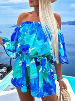 Women's Romper Ruffle Print Floral Off Shoulder Streetwear Street Daily Regular Fit Half Sleeve Red Blue Light Blue S M L Summer Waist Tie -Cheap Plus Fit Dress Store qztnbl1684231080483