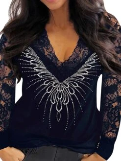 Women's Blouse Cotton Black Red Navy Blue Plain Lace Long Sleeve Daily Weekend Streetwear Basic V Neck Regular Fit Spring Fall Winter