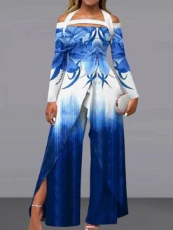 Women's Jumpsuit Print Floral Off Shoulder Elegant Wedding Party Wide Leg Regular Fit Long Sleeve Yellow Light Green Pink S M L Fall