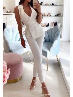 Women's Jumpsuit Solid Color V Neck Business Work Business Pencil Regular Fit Sleeveless White S M L Spring