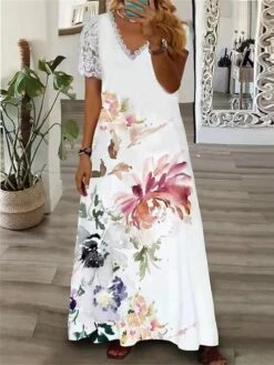 Women‘s Plus Size Curve Casual Dress A Line Dress Floral Butterfly Long Dress Maxi Dress Short Sleeve Lace Print V Neck Fashion Daily White Pink Summer Spring L XL XXL 3XL -Cheap Plus Fit Dress Store rbsvid1678951766164