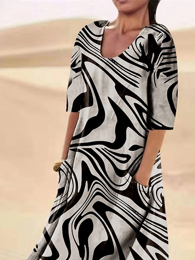 Women's Casual Dress Cotton Linen Dress Swing Dress Midi Dress Polyester Fashion Casual Daily Outdoor Daily Vacation Crew Neck Pocket Print 3/4 Length Sleeve Summer Spring Fall 2023 Regular Fit Black 3 Women's Casual Dress Cotton Linen Dress Swing Dress Midi Dress Polyester Fashion Casual Daily Outdoor Daily Vacation Crew Neck Pocket Print 3/4 Length Sleeve Summer Spring Fall 2023 Regular Fit Black - Image 3