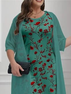 Women's Plus Size Curve Casual Dress Dress Set Two Piece Dress Floral Midi Dress 3/4 Length Sleeve Print Crew Neck Fashion Outdoor Green Fall Winter L XL 2XL 3XL 4XL -Cheap Plus Fit Dress Store rbxmgx1697776205627