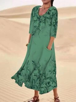 Women's Casual Dress Cotton Linen Dress Midi Dress Polyester Fashion Casual Daily Outdoor Daily Vacation Crew Neck Pocket Print Half Sleeve Summer Spring Fall 2023 Loose Fit ArmyGreen White Red Leaf -Cheap Plus Fit Dress Store rcbwqy1690365372249