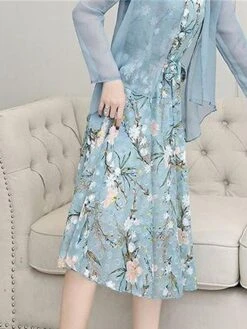 Women's Two Piece Dress Set Print Dress Outdoor Daily Modern Casual Lace Up Ruched Midi Dress V Neck Long Sleeve Floral Regular Fit Black Pink Blue Summer Spring M L XL XXL XXXL -Cheap Plus Fit Dress Store rcoeou1678430837217