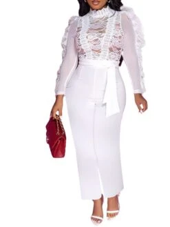 Women's Jumpsuit Lace Patchwork Solid Color Turtleneck Streetwear Party Going Out Regular Fit Long Sleeve Red White Black S M L Fall