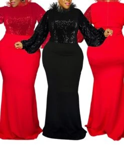Women‘s Plus Size Curve Party Dress Solid Color Stand Collar Long Sleeve Winter Fall Elegant Formal Maxi Long Dress Party Evening Party Dress