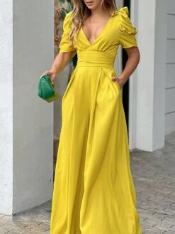 Women's Jumpsuit For Special Occasions Pocket Solid Color V Neck Streetwear Street Vacation Regular Fit Short Sleeve Black Yellow Pink S M L Spring