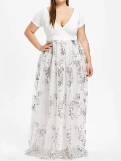 Women's Plus Size Swing Dress Solid Color V Neck Layered Short Sleeve Fall Prom Dresses Maxi Long Dress Party Dress