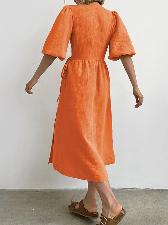 Women's Casual Dress Cotton Linen Dress Wrap Dress Midi Dress Cotton Basic Classic Outdoor Daily Vacation V Neck Lace Up Half Sleeve Spring Fall Autumn 2023 Regular Fit Orange Green Plain S M L 2 Women's Casual Dress Cotton Linen Dress Wrap Dress Midi Dress Cotton Basic Classic Outdoor Daily Vacation V Neck Lace Up Half Sleeve Spring Fall Autumn 2023 Regular Fit Orange Green Plain S M L - Image 2