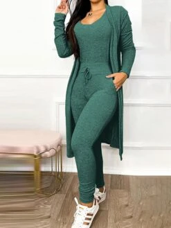 Women's Jumpsuit Pocket Drawstring Solid Color U Neck Streetwear Home Street Regular Fit Long Sleeve Black Navy Blue Green S M L Fall