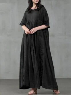 Women's Casual Dress Cotton Linen Dress Swing Dress Long Dress Maxi Dress Black Pink Green Short Sleeve Pure Color Ruched Spring Fall Autumn Crew Neck Elegant Vacation Loose Fit 2022 S M L XL XXL 3XL -Cheap Plus Fit Dress Store rdyrni1629970911480