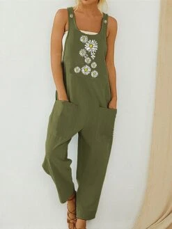 Women's Overall Button Pocket Floral U Neck Streetwear Daily Vacation Regular Fit Sleeveless Blue Green Gray S M L Spring