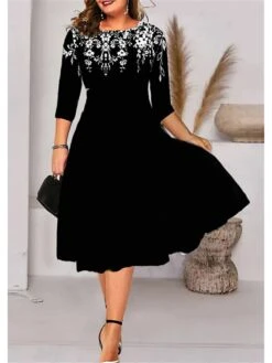 Women‘s Plus Size Curve A Line Dress Floral Crew Neck Print 3/4 Length Sleeve Spring Fall Elegant Casual Midi Dress Daily Vacation Dress 3D Print -Cheap Plus Fit Dress Store reiaeu1661854836294
