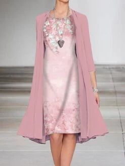 Women's Dress Set Two Piece Dress A Line Dress Midi Dress Pink Blue Green 3/4 Length Sleeve Floral Ruched Fall Winter Autumn Crew Neck Elegant 2023 S M L XL XXL 3XL -Cheap Plus Fit Dress Store rekike1644574068359