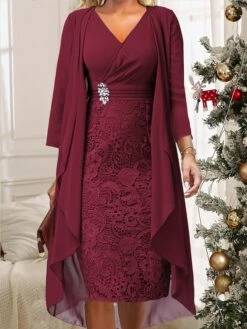 Women's Two Piece Dress Set Casual Dress Lace Dress Outdoor Daily Fashion Elegant Lace Patchwork Midi Dress V Neck Long Sleeve Plain Regular Fit Wine Blue Sky Blue Fall Winter S M L XL XXL