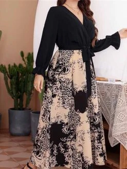 Women's Plus Size Prom Dress Party Dress Wedding Guest Dress Long Dress Maxi Dress Black Long Sleeve Print Lace Up Fall Winter Autumn V Neck Fashion Winter Dress Evening Party Wedding Guest 2023 L XL -Cheap Plus Fit Dress Store repuep1693535457508