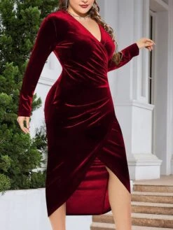 Women's Plus Size Party Dress Velvet Dress Cocktail Dress Midi Dress Black Wine Dark Green Long Sleeve Pure Color Ruched Spring Fall Winter V Neck Fashion Winter Dress Wedding Guest Birthday 2023 XL -Cheap Plus Fit Dress Store retncx1692000439146