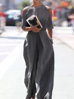 Women's Jumpsuits Casual Summer Pocket Solid Color Crew Neck Casual Street Daily Regular Fit Half Sleeve Blue White Gray S M L Spring Fall -Cheap Plus Fit Dress Store rfcssi1652672218205