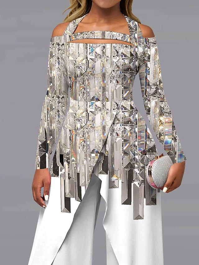 Women's Jumpsuit Print Striped Off Shoulder Elegant Wedding Party Wide Leg Regular Fit Long Sleeve White S M L All Seasons 2 Women's Jumpsuit Print Striped Off Shoulder Elegant Wedding Party Wide Leg Regular Fit Long Sleeve White S M L All Seasons - Image 2