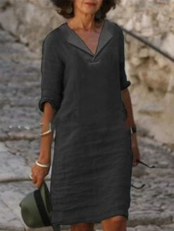 Women's Casual Dress Cotton Dress Shift Dress Midi Dress Cotton Blend Fashion Basic Outdoor Daily Vacation Shirt Collar Ruched Half Sleeve Summer Spring 2023 Loose Fit Black White Pink Pure Color S M -Cheap Plus Fit Dress Store rfgadu1681809479780