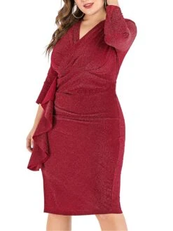Women‘s Plus Size Curve Work Dress Sheath Dress Semi Formal Dress Fashion Midi Dress Ruffle V Neck Long Sleeve Plain Regular Fit Black Wine Fall Winter XL XXL 3XL 4XL 5XL -Cheap Plus Fit Dress Store rfvnqr1691401477101