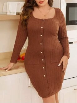 Women's Plus Size Party Dress Cocktail Dress Bodycon Mini Dress Brown Long Sleeve Pure Color Button Fall Winter Autumn Square Neck Fashion Winter Dress Vacation Fall Dress 2023 XL XXL 3XL -Cheap Plus Fit Dress Store rfzcxg1693297315660
