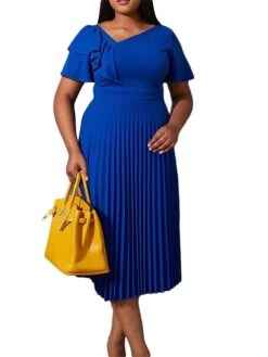 Women‘s Plus Size Curve Party Dress Solid Color V Neck Ruched Short Sleeve Fall Spring Work Prom Dress Maxi Long Dress Party Holiday Dress Ruffle -Cheap Plus Fit Dress Store rgfmme1648636999684