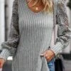 Women's Shirt Blouse Gray Plain Lace Long Sleeve Casual Fashion Round Neck Regular Fit Fall & Winter