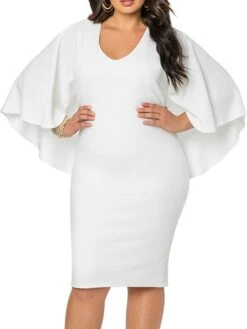 Women‘s Plus Size Curve Work Dress Sheath Dress Formal Dress Floral Midi Dress 3/4 Length Sleeve Ruffle V Neck Elegant Office Black White Spring Summer L XL XXL 3XL