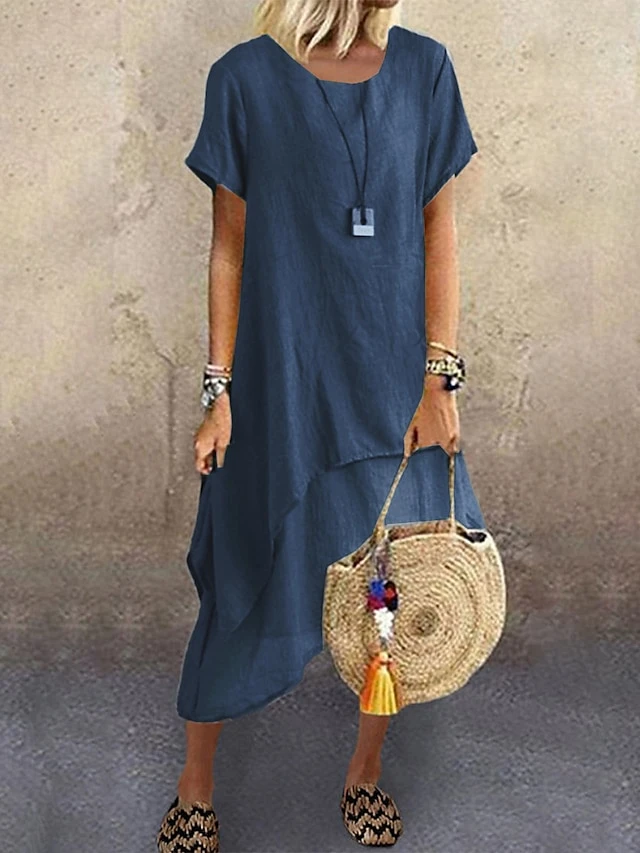 Women's Casual Dress Cotton Linen Dress A Line Dress Midi Dress Cotton Blend Basic Modern Outdoor Daily Crew Neck Ruffle Layered Short Sleeve Summer Spring 2023 Loose Fit Blue Green Gray Plain S M L 4 Women's Casual Dress Cotton Linen Dress A Line Dress Midi Dress Cotton Blend Basic Modern Outdoor Daily Crew Neck Ruffle Layered Short Sleeve Summer Spring 2023 Loose Fit Blue Green Gray Plain S M L - Image 4