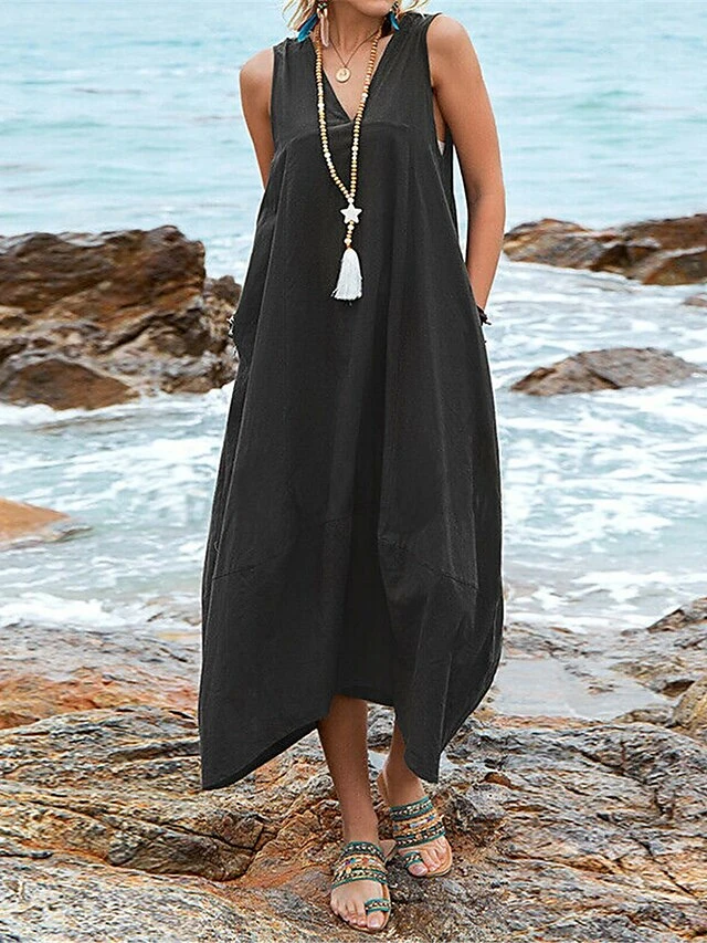 Women's Casual Dress Cotton Dress Swing Dress Maxi Long Dress Cotton Blend Basic Classic Outdoor Daily V Neck Pocket Sleeveless Summer Spring 2023 Regular Fit Black Wine Khaki Plain S M L XL 2XL 5 Women's Casual Dress Cotton Dress Swing Dress Maxi Long Dress Cotton Blend Basic Classic Outdoor Daily V Neck Pocket Sleeveless Summer Spring 2023 Regular Fit Black Wine Khaki Plain S M L XL 2XL - Image 5