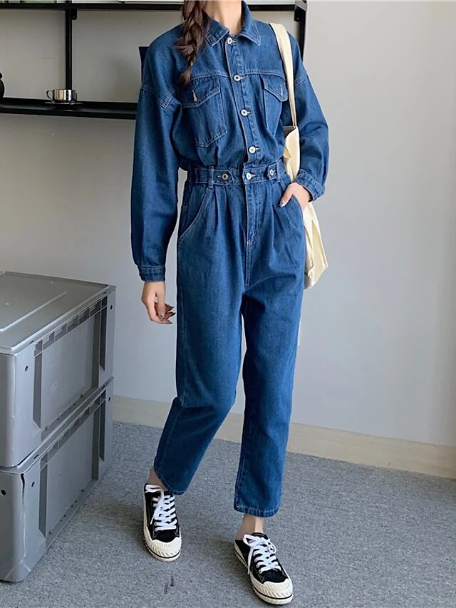 Women's Jumpsuit Button High Waist Solid Color Shirt Collar Streetwear Street Going Out Regular Fit Long Sleeve Blue S M L Winter 13 Women's Jumpsuit Button High Waist Solid Color Shirt Collar Streetwear Street Going Out Regular Fit Long Sleeve Blue S M L Winter - Image 13