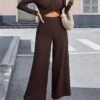 Women's Jumpsuit Criss Cross High Waist Solid Color Round Neck Business Office Work Regular Fit Long Sleeve Brown S M L Fall