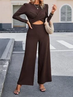 Women's Jumpsuit Criss Cross High Waist Solid Color Round Neck Business Office Work Regular Fit Long Sleeve Brown S M L Fall