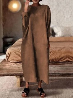 Women's Casual Dress Linen Dress Midi Dress Linen Classic Casual Outdoor Daily Vacation Crew Neck Ruched Long Sleeve Spring Fall Winter 2023 Loose Fit ArmyGreen Pink Blue Plain S M L XL 2XL