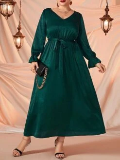 Women's Plus Size Curve Prom Dress Party Dress Wedding Guest Dress Long Dress Maxi Dress Green Long Sleeve Pure Color Lace Up Fall Winter Autumn V Neck Fashion Evening Party Wedding Guest -Cheap Plus Fit Dress Store rismwf1693210706432
