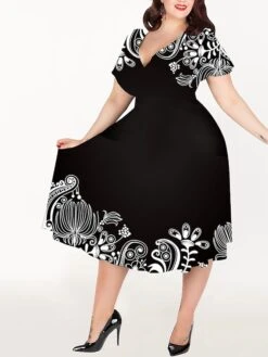 Women‘s Plus Size Curve Casual Dress A Line Dress Graphic Midi Dress Short Sleeve Print V Neck Elegant Holiday Black White Summer Spring L XL XXL 3XL 4XL