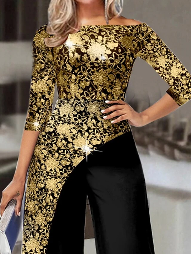 Women's Jumpsuit Floral Off Shoulder Business Wedding Work Straight Regular Fit 3/4 Length Sleeve Gold S M L Fall 2 Women's Jumpsuit Floral Off Shoulder Business Wedding Work Straight Regular Fit 3/4 Length Sleeve Gold S M L Fall - Image 2