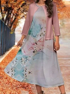 Women's Two Piece Dress Set Casual Dress Swing Dress Outdoor Office Fashion Streetwear Print Midi Dress Crew Neck 3/4 Length Sleeve Floral Ombre Regular Fit Pink Blue Purple Fall Winter S M L XL XXL -Cheap Plus Fit Dress Store rjlhdc1697782925534