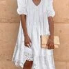 Women's Cotton Linen Dress Casual Dress Midi Dress Cotton Blend Fashion Modern Outdoor Daily Vacation V Neck Lace Half Sleeve Summer Spring Fall 2023 Loose Fit White Plain S M L XL 2XL