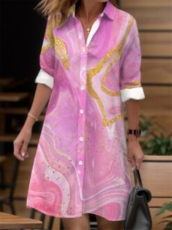 Women's Shirt Dress Casual Dress Midi Dress Outdoor Daily Date Polyester Fashion Modern Shirt Collar Button Pocket Long Sleeve Fall Winter 2023 Loose Fit Pink Purple Striped Ombre S M L XL 2XL -Cheap Plus Fit Dress Store rjxorl1695280782939