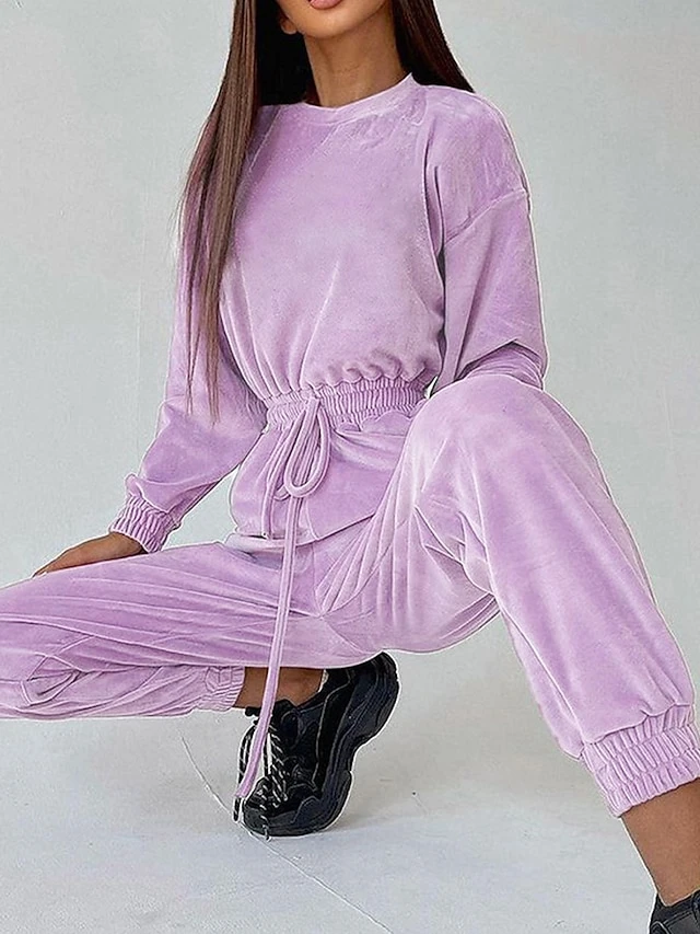 Women‘s Jumpsuit Pocket High Waist Velvet Solid Color Crew Neck Streetwear Street Daily Regular Fit Long Sleeve Blue Purple Khaki S M L Fall 4 Women‘s Jumpsuit Pocket High Waist Velvet Solid Color Crew Neck Streetwear Street Daily Regular Fit Long Sleeve Blue Purple Khaki S M L Fall - Image 4