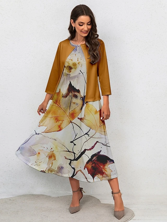 Women's Two Piece Dress Set Casual Dress Swing Dress Outdoor Office Fashion Streetwear Print Midi Dress Crew Neck 3/4 Length Sleeve Leaf Regular Fit Yellow Green Gray Fall Winter S M L XL XXL 3 Women's Two Piece Dress Set Casual Dress Swing Dress Outdoor Office Fashion Streetwear Print Midi Dress Crew Neck 3/4 Length Sleeve Leaf Regular Fit Yellow Green Gray Fall Winter S M L XL XXL - Image 3