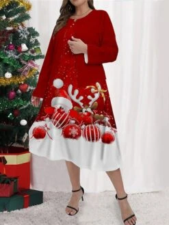 Women's Plus Size Curve Casual Dress Dress Set Two Piece Dress Santa Claus Elk Midi Dress Long Sleeve Print Crew Neck Fashion Outdoor White Red Fall Winter L XL XXL 3XL 4XL