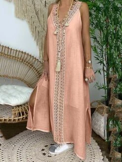Women's Casual Dress Cotton Linen Dress White Dress Maxi Long Dress Polyester Lace Fashion Daily Weekend V Neck Lace Split Sleeveless Summer 2023 Loose Fit Lake Blue Black White Plain S M L XL 2XL -Cheap Plus Fit Dress Store rktwmn1686105102357