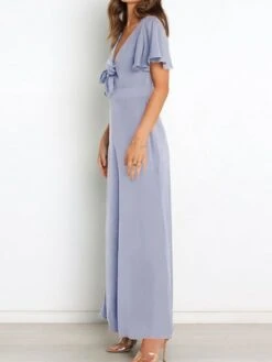 Women's Jumpsuit Ruffle Backless Solid Color V Neck Streetwear Street Daily Regular Fit Short Sleeve Green Wine Navy Blue S M L Spring / Bow -Cheap Plus Fit Dress Store rkvaht1647857554406