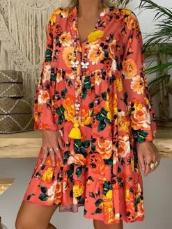 Women‘s Plus Size Curve Casual Dress Floral V Neck Print Long Sleeve Fall Spring Casual Short Mini Dress Daily Vacation Dress