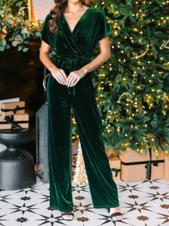 Women's Jumpsuit Lace Up High Waist Solid Color Round Neck Active Christmas Daily Regular Fit Short Sleeve Black Wine Green S M L Fall -Cheap Plus Fit Dress Store rlfqea1697679526419