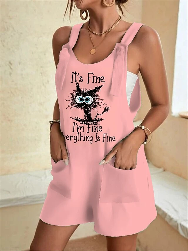 Jumpsuits For Women Summer Overall Pocket Print Letter Square Neck Casual Daily Baggy Shorts Loose Fit Strap Sleeveless Light Green Pink Blue S M L 4 Jumpsuits For Women Summer Overall Pocket Print Letter Square Neck Casual Daily Baggy Shorts Loose Fit Strap Sleeveless Light Green Pink Blue S M L - Image 4